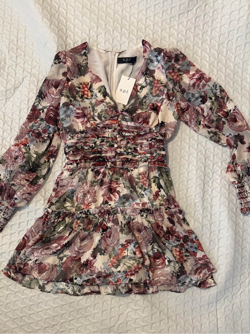 Floral Ruffle Long-Sleeve Mini Dress in Cream and Mauve